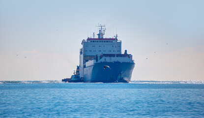 Wall Mural - Tugboat assisting cargo ship at Mersin port - Mersin, Turkey 