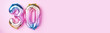 © jchizhe - Rainbow foil balloon number, digit thirty. Birthday greeting card with inscription 30. Anniversary concept. Top view. Colored numeral on pink background. Numerical digit, Celebration event, template