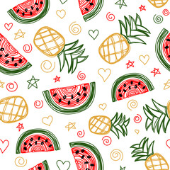 Poster - Watermelon and pineapple seamless pattern. Hand drawn vector illustration. Pen or marker doodle sketch. Line art fruits silhouettes. Repeat contour drawing.