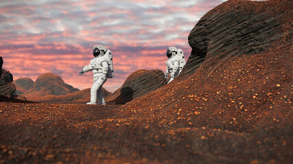 Wall Mural - astronauts on mars, travelers exploring the red planet's landscape