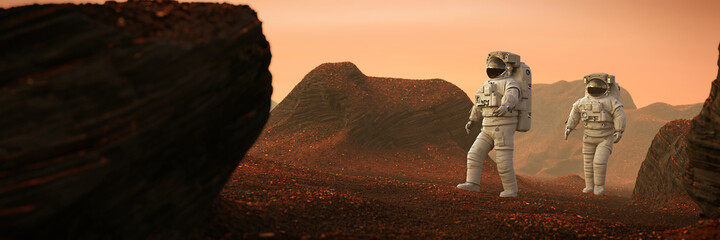 Wall Mural - astronauts on mars, travelers exploring the red planet's landscape