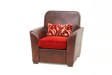 Genuine leather armchair with cushions.