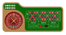 American style roulette wheel and table vector illustration. Casino popular gambling. Poker. Game of fortune.
