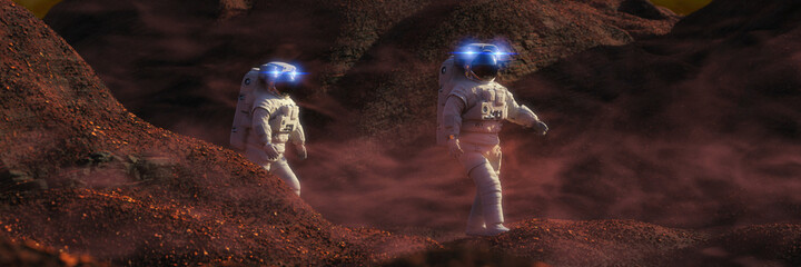 Wall Mural - astronauts on mars, travelers exploring the red planet's landscape during a dust storm