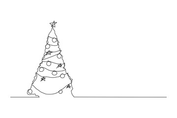 continuous line drawing of snowman christmas tree with decoration. one line art concept of winter ch