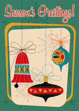 Season's Greetings! Mid Century Modern Style Holiday Postcard, Christmas Decorations, Vintage Colors And Shapes 