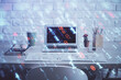 © peshkova - Double exposure of desktop computer and technology theme hologram. Concept of software development.