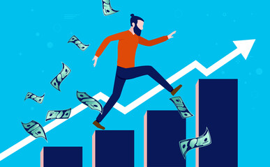 Aufkleber - Casual man having financial success - Male person running up graph with money flying around. Personal economy and earning money concept. Vector illustration.