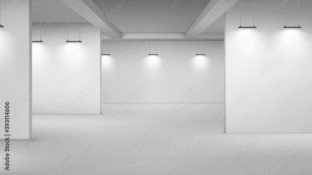 Art gallery empty interior, 3d room with white walls, floor and illumination lamps. Museum passages with lights for pictures presentation, photography contest exhibition hall, Realistic vector mock up - obrazy, fototapety, plakaty 