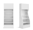 © klyaksun - White POS display stand for products in supermarket, store and shop. Vector realistic 3d mockup of blank promotion rack with empty shelves, retail showcase isolated on white background