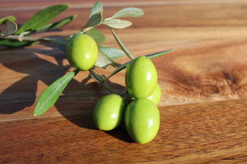 Wall Mural - Branche avec olives sur fond bois