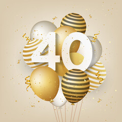 Wall Mural - Happy 40th birthday with gold balloons greeting card background. 40 years anniversary. 40th celebrating with confetti. Vector stock