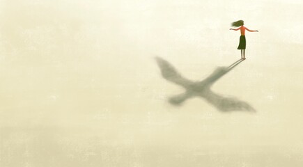 imagination artwork ,woman with flying bird shadow , painting art, conceptual illustration, freedom 