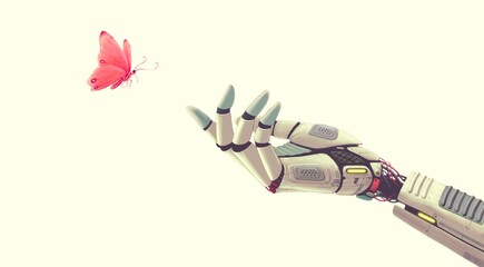 technology and nature concept, surreal artwork, robot hand with butterfly , conceptual of freedom ,p