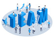 © dimon_ua - isometric vector illustration isolated on white background, the word team from capital letters and people in business clothes are working in a team