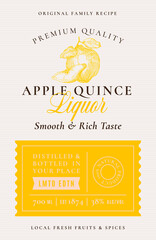 Wall Mural - Family Recipe Quince Liquor Acohol Label. Abstract Vector Packaging Design Layout. Modern Typography Banner with Hand Drawn Fruit Silhouette Logo and Background. Isolated