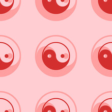 Seamless Pattern Of Large Isolated Red Yin Yang Symbols. The Elements Are Evenly Spaced. Vector Illustration On Light Red Background