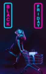 Beautiful woman inviting for shopping in black friday, sales concept. Vertical flyer. Cyber monday and online purchases, negative space for ad. Finance and money. Dark neon background with lettering.