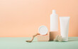 © ximich_natali - Cosmetic vials tube bottles white on modern abstract podium on pastel background