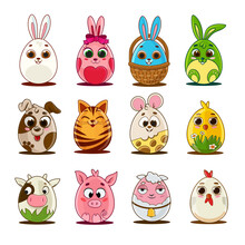 Set Of Easter Eggs With Cartoon Animals