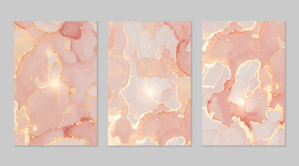 Pink, coral, and gold marble abstract backgrounds. Set of alcohol ink technique vector stone textures. Modern paint with glitter. Template for banner, poster design. Fluid art painting