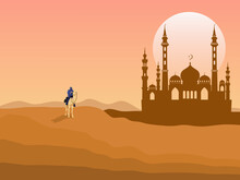 A Man Riding A Camel In The Desert Has A Mosque Behind It. With The Sun Set In The Background