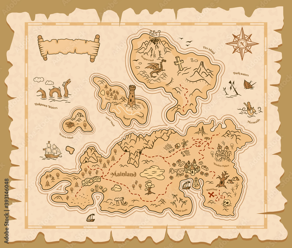 Map of treasures on old paper background, vector pirate island ...