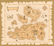 Map Of Treasures On Old Paper Background, Vector Pirate Island. Treasure Map Vintage Scroll Manuscript With Compass, Sea Adventure And Cartoon Fantasy Game Dragon Monsters, Skull And Drowned Ships