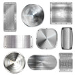 Metal plates on steel screw rivets, steps or floor tiles, vector realistic. Stainless metal plates, iron sheets or aluminum surface deck panels with diamond texture pattern, metallic plaques on bolts