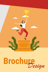 Wall Mural - woman celebrating victory. girl holding gold cup on winner podium flat vector illustration. winning,