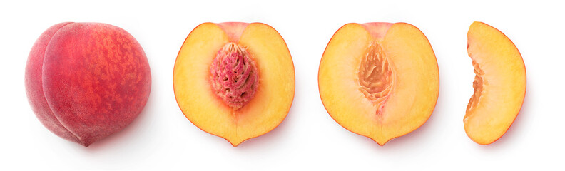 Aufkleber - Whole fresh peach fruit, half and pieces in a row, top view, isolated on white background
