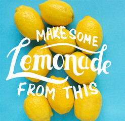 Wall Mural - top view of ripe yellow lemons on blue background, make some lemonade from this illustration