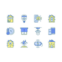 Sticker - Smart house RGB color icons set. Innovatonal window blinds sensor. Remote controlled light bulbs. Garage door opener mechanism. Isolated vector illustrations