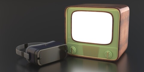 Virtual reality helmet and retro tv on black background. 3d illustration