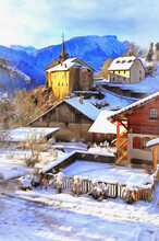 Small Village In Alps Winter View Colorful Painting