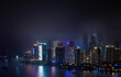 Scenic view of Shanghai skyline at night by Huangpu River