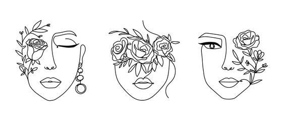 Women' faces in one line art style with flowers and leaves.Continuous line art in elegant style for prints, tattoos, posters, textile, cards etc. Beautiful woman face Vector illustration