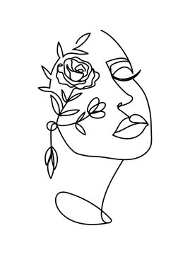 Wall Mural - Continuous line art poster with women's portrait and flowers. Fashion vector illustration in line art style for logo, print, beauty, fashion,social networks,tattoo etc.One line woman freehand portrait