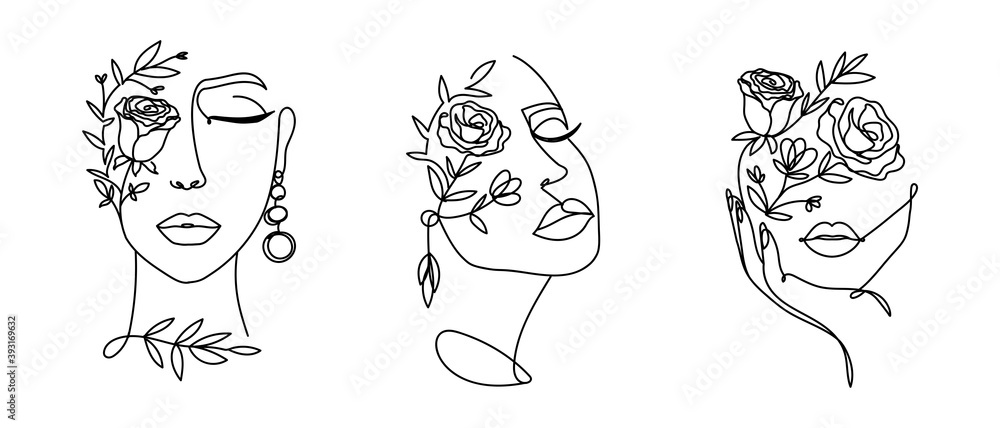 Elegant women's faces in one line art style with flowers.Continuous line art in minimalistic style for prints, tattoos, posters, textile, cards etc. Beautiful female fashion face Vector illustration - obrazy, fototapety, plakaty 