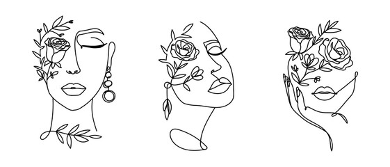 elegant women's faces in one line art style with flowers.continuous line art in minimalistic style f