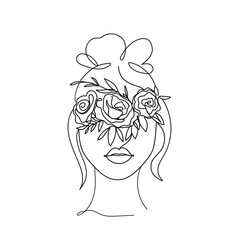 Wall Mural - Beautiful woman face silhouette with bun and flowers in line art style. Continuous line vector fashion illustration. Abstract face with flowers for cards, prints, fashion, bridal shower etc.