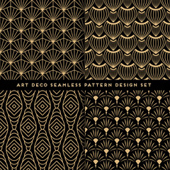 Wall Mural - Art deco style seamless pattern design set - golden line repeat patterns on black background