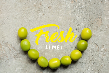 Poster - top view of green limes on grey concrete surface with fresh limes illustration