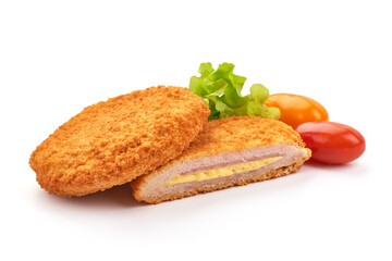 Wall Mural - Fried Chicken Cordon bleu in breadcrumbs, isolated on a white background