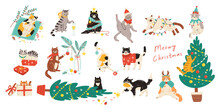 Merry Christmas! Bundle Of Cats Celebrating Winter Holiday. Vector Illustration Of Cute Pets Wearing Costumes, Climbing Christmas Tree And Being Naughty In Flat Cartoon Style. Elements Are Isolated.