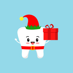 Sticker - Chistmas tooth with gift in elf costume with red hat and belt icon isolated on background. Dental holiday character white funny tooth with present. Flat design cartoon vector dentistry design element.