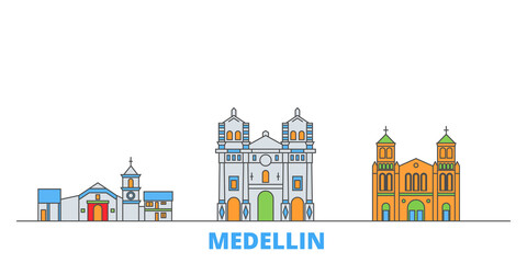 Wall Mural - Colombia, Medellin cityscape line vector. Travel flat city landmark, oultine illustration, line world icons