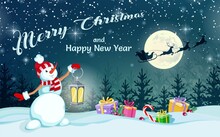 Cheerful Snowman Holds Lamp In His Hands. Santa Claus On Sleigh With Reindeer On Background Of Full Moon. Merry Christmas And Happy New Year. Greeting Card, Holiday Poster And Banner. Vector 