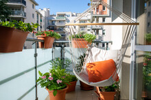 A Sunny Balony With Flowers And Potted Plants And Hammock With Orange Pillow
