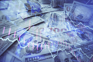 Fototapete - Multi exposure of forex chart drawing over us dollars bill background. Concept of financial success markets.